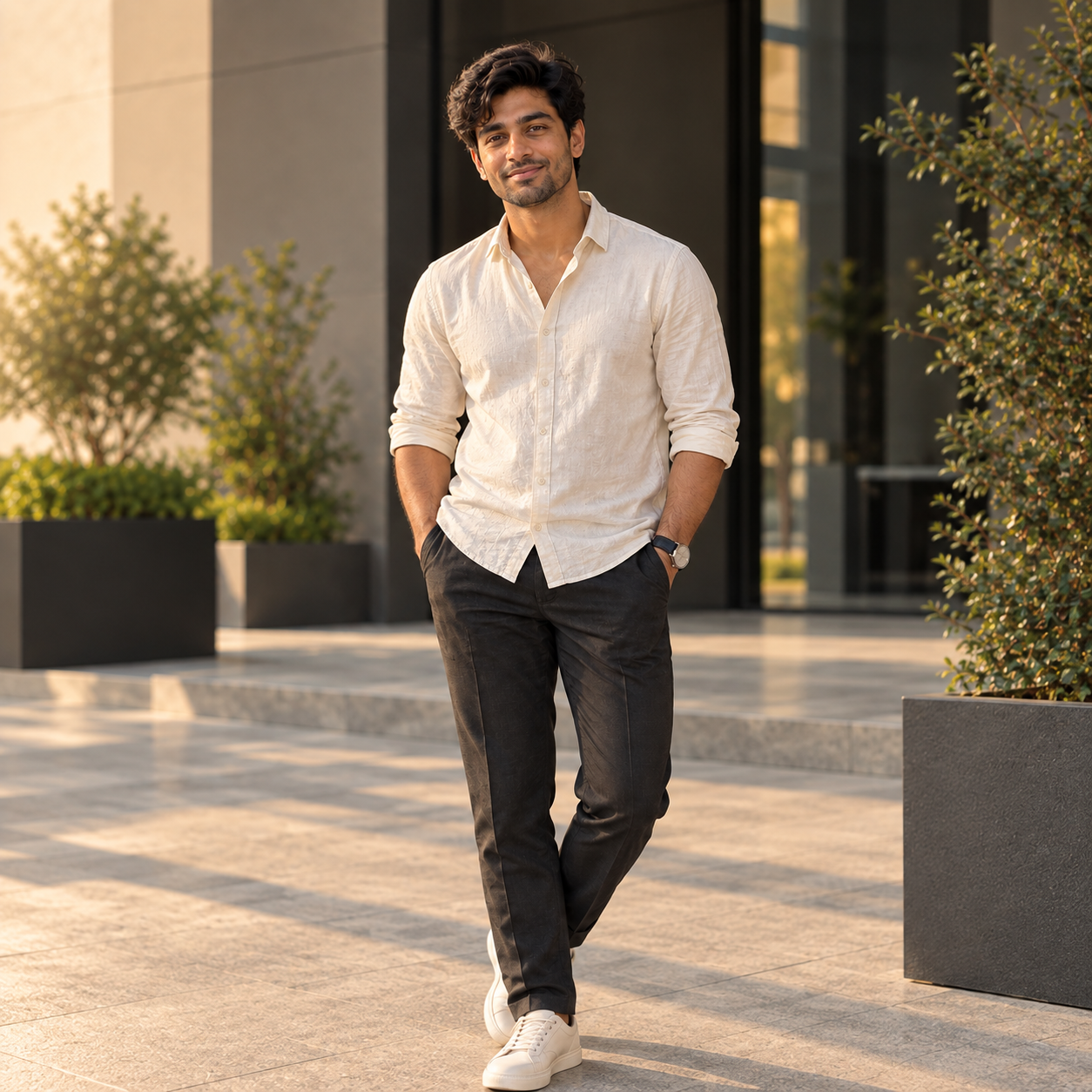 Stylish young Indian man in a cream shirt and dark trousers standing confidently outside a modern urban building in warm natural light.