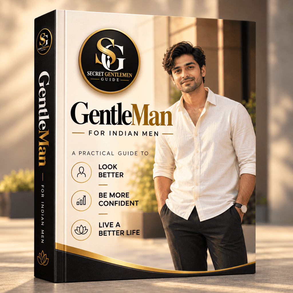 Premium 3D mockup of the GentleMan Guide for Indian men, featuring a stylish young Indian man, elegant black and gold branding, and a modern secret gentlemen guide cover.